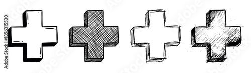 Four hand drawn plus signs in a sketchy doodle style, a set of black and white 3D symbols with various ink textures like crosshatching, scribbles, and clean outlines