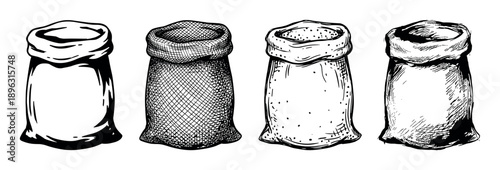 Four hand-drawn open burlap sacks with different textures in a vintage sketch style, showcasing various artistic hatching and stippling techniques for a rustic farm illustration