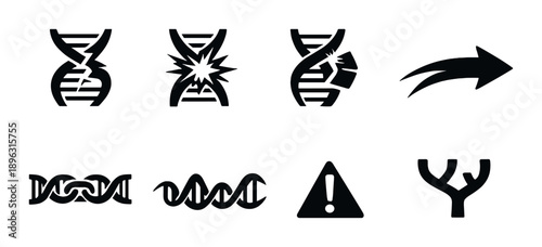 Dark abstract dna icons with warning and arrow symbols on gradient background