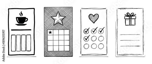 Set of four hand-drawn loyalty cards in a sketchy doodle style, featuring coffee, star, heart, and gift box icons for customer reward programs and business marketing