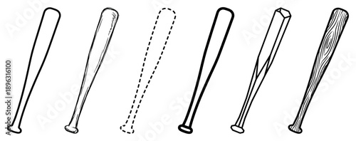 Collection of six baseball bats in various black and white line art styles, including sketchy, dotted, bold icon, geometric, and wood grain texture illustrations