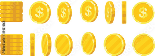 Cartoon golden coins. Rotating coin in various positions. Flat money icons for finance and game design. Metal coins falling, spinning, tilted, variety
