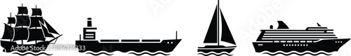 Maritime Transportation Ship Silhouettes Set Featuring Cargo Vessel Sailing Boat Cruise Liner And Historic Sea Transport Icons
