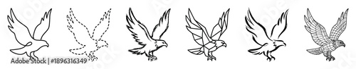 Set of six black flying hawk drawings in different minimalist styles, including continuous line, dashed, sketch, geometric, calligraphic, and wireframe for creative design