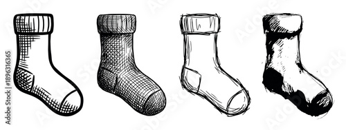 Set of four hand-drawn socks illustrated in various black and white sketchy styles, from clean cross-hatching to a rough, grunge-inspired ink drawing
