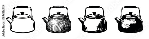 Four hand-drawn black and white kettle illustrations in a row showing different artistic styles from simple line art and cross-hatching to expressive ink brush strokes