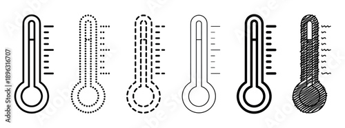 Set of six black thermometer icons in various graphic line art styles including solid, dotted, dashed, and a hand-drawn scribble effect for measuring temperature