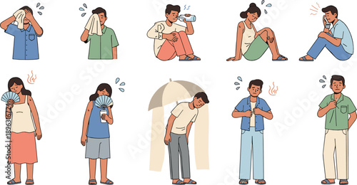 People Feeling Heat Stress Vector Set with Sweating, Exhaustion, Dehydration, Summer Heatwave Symptoms and Cartoon Characters Showing Discomfort