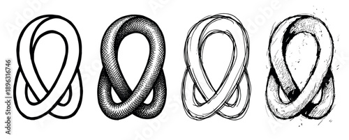 Set of four black knot illustrations showing different artistic styles from clean outline and detailed engraving to a loose sketch and distressed grunge texture