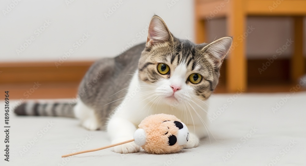 custom made wallpaper toronto digitalDomestic cat playing with toy mouse on floor looking toward camera