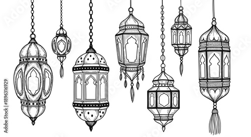 Hand drawn ramadan lantern illustration set, hanging traditional arabic lamp line art for eid mubarak decoration