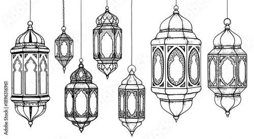 Hand drawn ramadan lantern set, arabic fanous lamp illustration for eid mubarak decoration