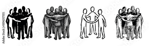 Set of four hand-drawn illustrations showing a group of people hugging in a circle, symbolizing unity, teamwork, support, and community in various sketchy monochrome styles