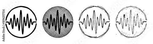 Set of four hand-drawn soundwave icons in various artistic styles, including clean line art, crosshatch texture, sketchy doodle, and a grunge distressed effect for audio concepts