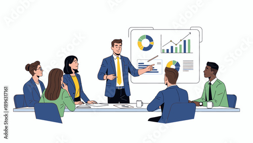 Illustration of a business team in a meeting with a presenter showing charts and graphs on a board.