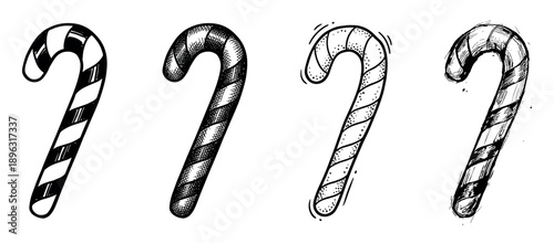 Set of four hand-drawn candy canes with striped patterns, showcasing different artistic styles like hatching, stippling, and rough sketching for a festive holiday design