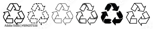 Set of black recycling symbols in various artistic styles including outline, dashed, dotted, hand-drawn sketch, and grunge brush stroke for environmental concepts