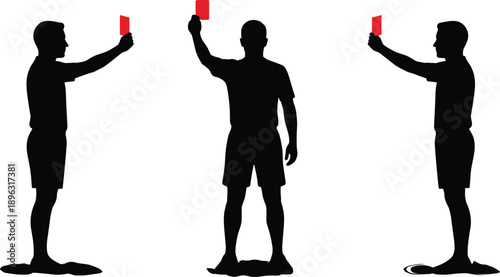 Football referee silhouettes showing red card decision gesture symbolizing penalty foul discipline authority sports rules concept isolated flat vector illustration