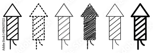 Set of six firework rocket icons with different outline styles including solid, dashed, dotted, and hand-drawn scribble for holiday and celebration concepts