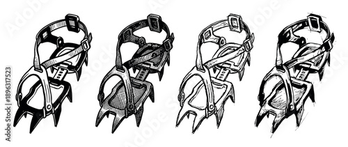 Set of four hand-drawn crampon illustrations in a black and white sketchy ink style, depicting essential mountaineering and ice climbing safety gear with sharp spikes