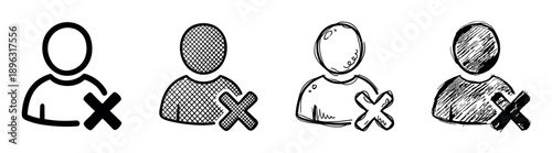 Hand-drawn user delete icon set with four different sketch styles, including line art, crosshatch, and scribble, illustrating account removal, rejection, or cancellation