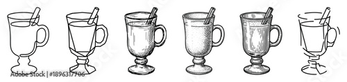 Set of six hand-drawn glass mugs with a hot drink and cinnamon stick, showing a progression of artistic styles from simple line art to detailed vintage engraving