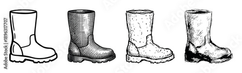 Set of four hand-drawn rubber boots showing different artistic styles from simple line art to detailed hatching and rough sketchy textures in a monochrome black ink illustration