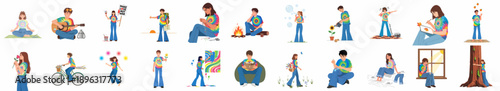 Hippie lifestyle vector set: youth enjoying peace, freedom, nature, music, and art, depicted in colorful tie-dye shirts.