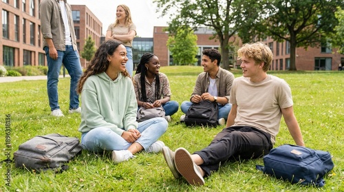 Group of diverse students relaxing on grass in campus courtyard  