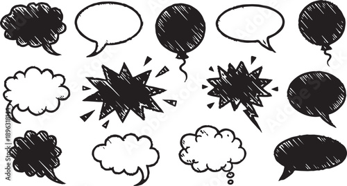 speech bubbles with organic crayon, chalk, or pastel textures, including star, heart, and cloud shapes, colorful vector artwork on white background for creative, playful, or educational project