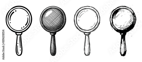 Set of four hand-drawn magnifying glasses in various artistic styles, from clean line art to a rough grunge sketch, representing concepts of search, analysis, and investigation
