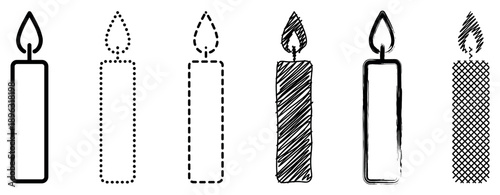 Set of six black candle icons with different artistic styles including outline, dotted, dashed, scribble, brush stroke, and crosshatch textures for graphic design elements