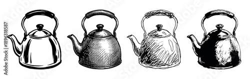 Four hand-drawn black and white kettles in different artistic styles, including line art, cross-hatching, loose sketch, and high-contrast graphic illustration for a vintage look