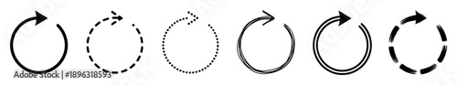 Set of six black circular arrow icons in various graphic styles including solid, dashed, dotted, hand-drawn, double line, and brush stroke for refresh or reload concepts