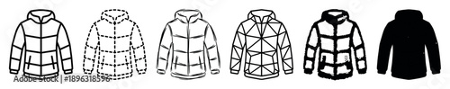 Collection of six winter puffer jackets shown in multiple black and white illustration styles, from simple line icons to geometric, sketch, grunge, and silhouette versions