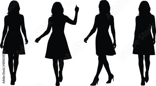 Woman silhouette vector set showing female figures walking in different poses, elegant black fashion icons for lifestyle, modeling, design projects