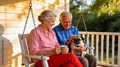 Elderly couple sitting on a porch swing with a pug dog, enjoying tea together in a sunny outdoor setting.
