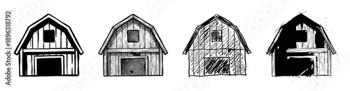 Set of four hand-drawn barn illustrations in black and white shows an artistic progression from a clean graphic style to a sketchy, abstract silhouette