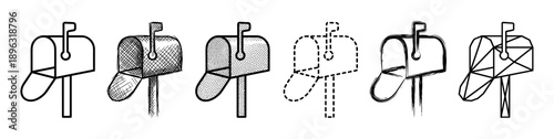 Set of six hand-drawn mailbox icons in various artistic styles including line art, sketch, stipple, dashed outline, brush stroke, and geometric for communication concepts