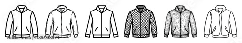 Collection of six hand-drawn jacket illustrations showcasing different artistic techniques like stippling, crosshatching, sketching, and clean line art in a monochrome palette