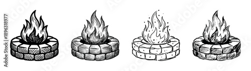 Four hand-drawn fire pit illustrations in a black and white sketch style, showing variations of a burning campfire with stone surrounds in a rustic, engraved line art design