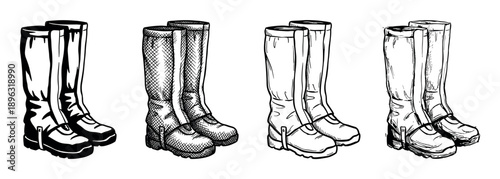 Four pairs of hand-drawn hiking boots in different sketch styles, showing a collection of outdoor footwear illustrations with various line art and hatching techniques