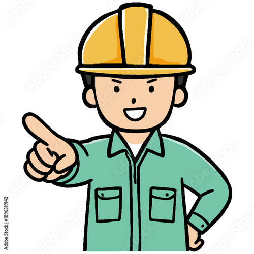 指差し確認を行う作業員のイラストです。キリッとした表情とポーズから、現場の安全と成功への強い意志がにじみます。なめらかな質感のヘルメットが信頼感を高め、見る人に未来への希望と活力を与える一枚です。