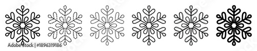 Set of six black snowflake icons with different outline styles including solid, dashed, dotted, and hand-drawn variations for winter holiday and Christmas design