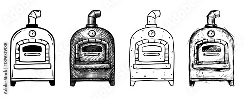 Four hand-drawn pizza oven illustrations set showing different sketch styles from clean line art to rough cross-hatching, perfect for restaurant or pizzeria branding
