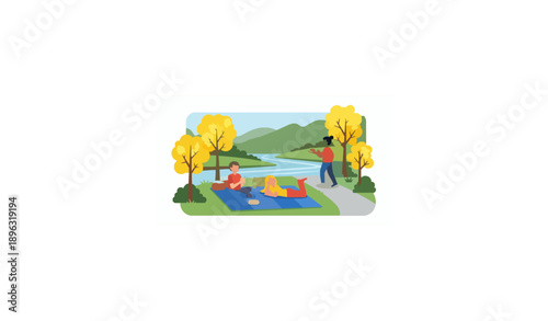 People enjoying a picnic on a riverside trail where forsythia trees are in bloom