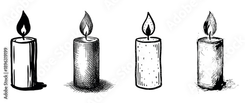 Set of four hand-drawn burning candles illustrated in various sketch styles, including cross-hatching and stippling, showing a collection of monochrome ink drawings with flames