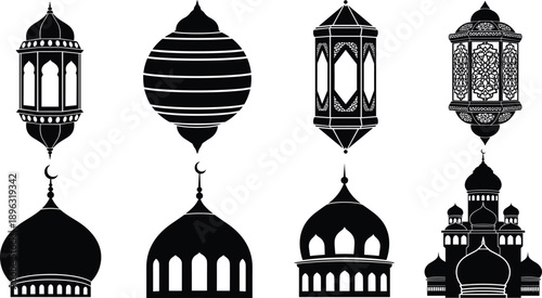 Islamic lantern and mosque dome silhouette vector set in black, Ramadan decorative elements for religious design, posters, backgrounds, and branding