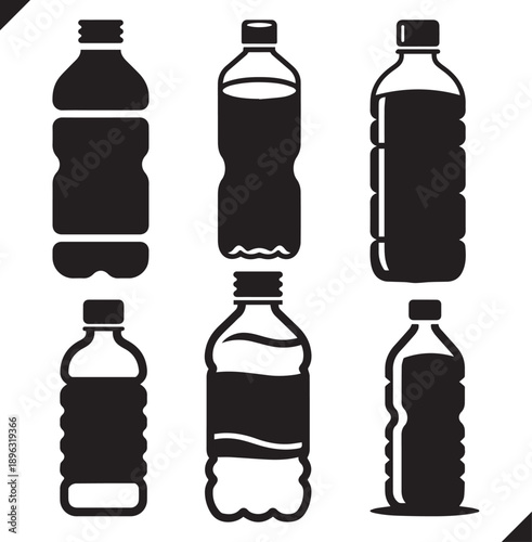 Standard plastic water bottle vector silhouette set- soft drink or carbonated beverage container vector graphic design element
