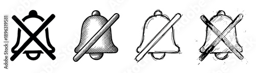 Set of four hand-drawn crossed-out bell icons in various artistic styles, from clean solid lines to a rough grunge sketch, representing a mute or silent mode symbol